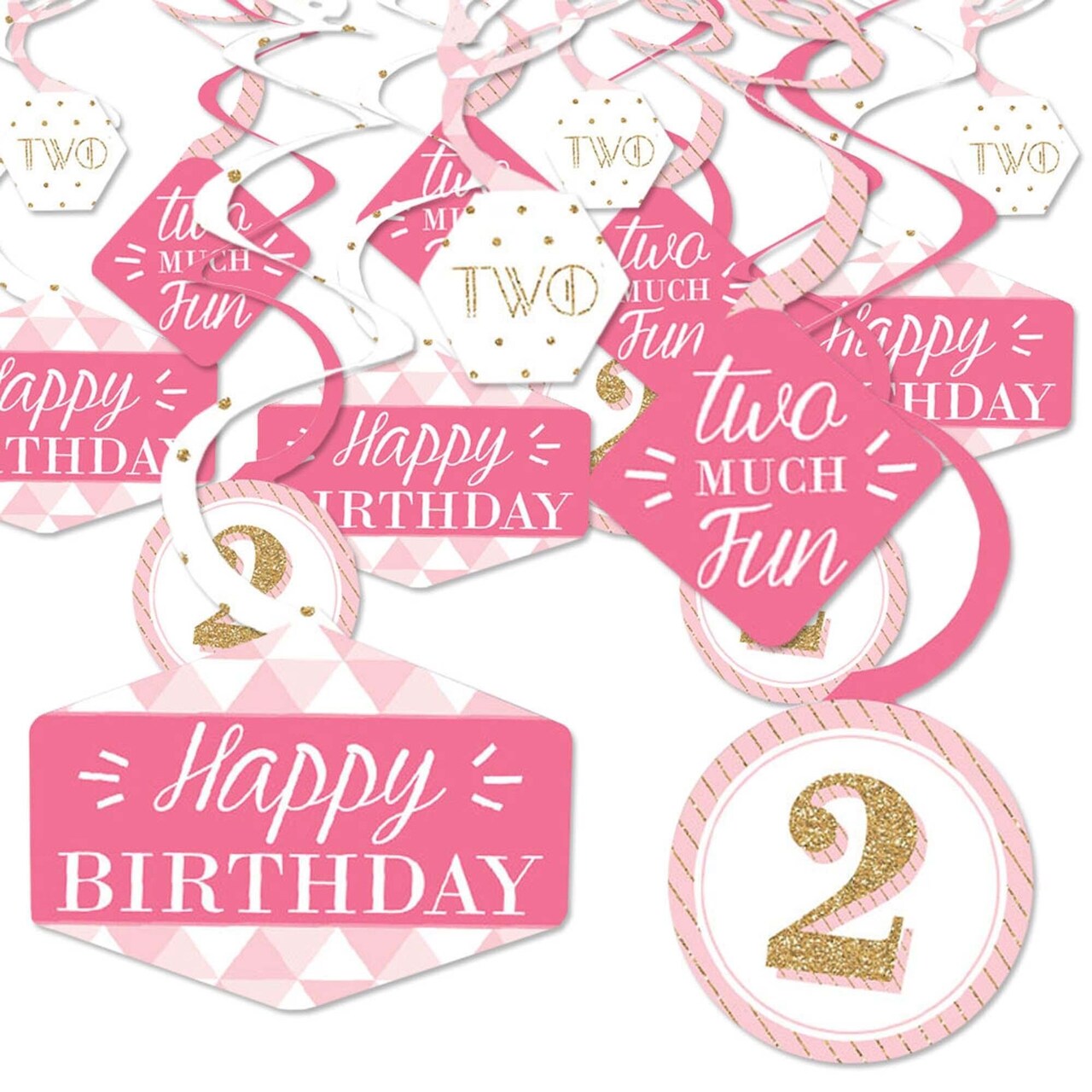 Big Dot of Happiness 2nd Birthday Girl - Two Much Fun - Second Birthday Party Hanging Decor - Party Decoration Swirls - Set of 40